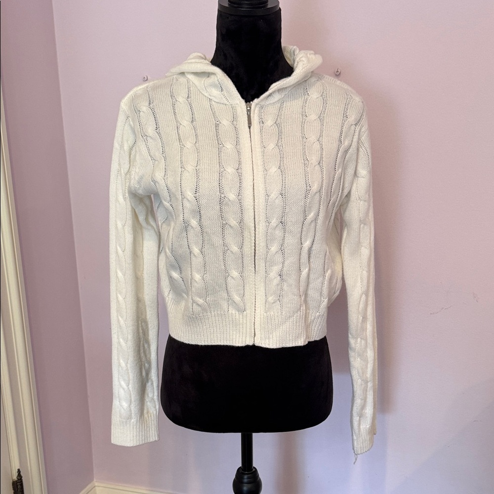 White Cable Knit Hoodie Zip Cardigan Sweater - Women